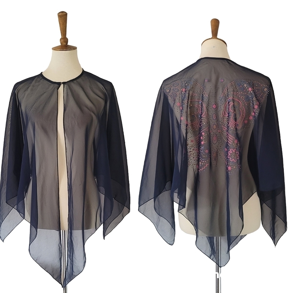 Vintage‎ Sheer Navy Painted Butterfly Back Kimono